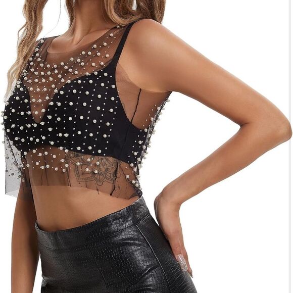 NWT Pearl Top for Women Rhinestone Top Mesh Sheer Shirt Sequin Top Black - Picture 3 of 5